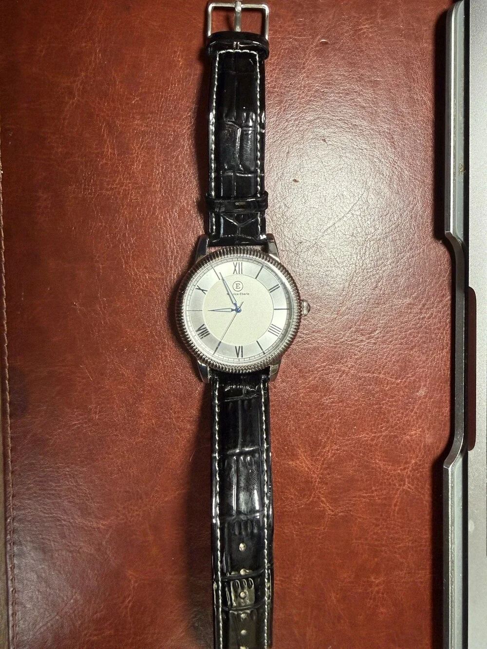 Maurice Eberle Men’s Dress Watch Silver Roman Numeral Dial Leather Untested